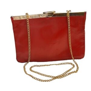 Vintage Red Leather Evening Bag Etra 1960s Clasp Clutch Gold Chain Convertible